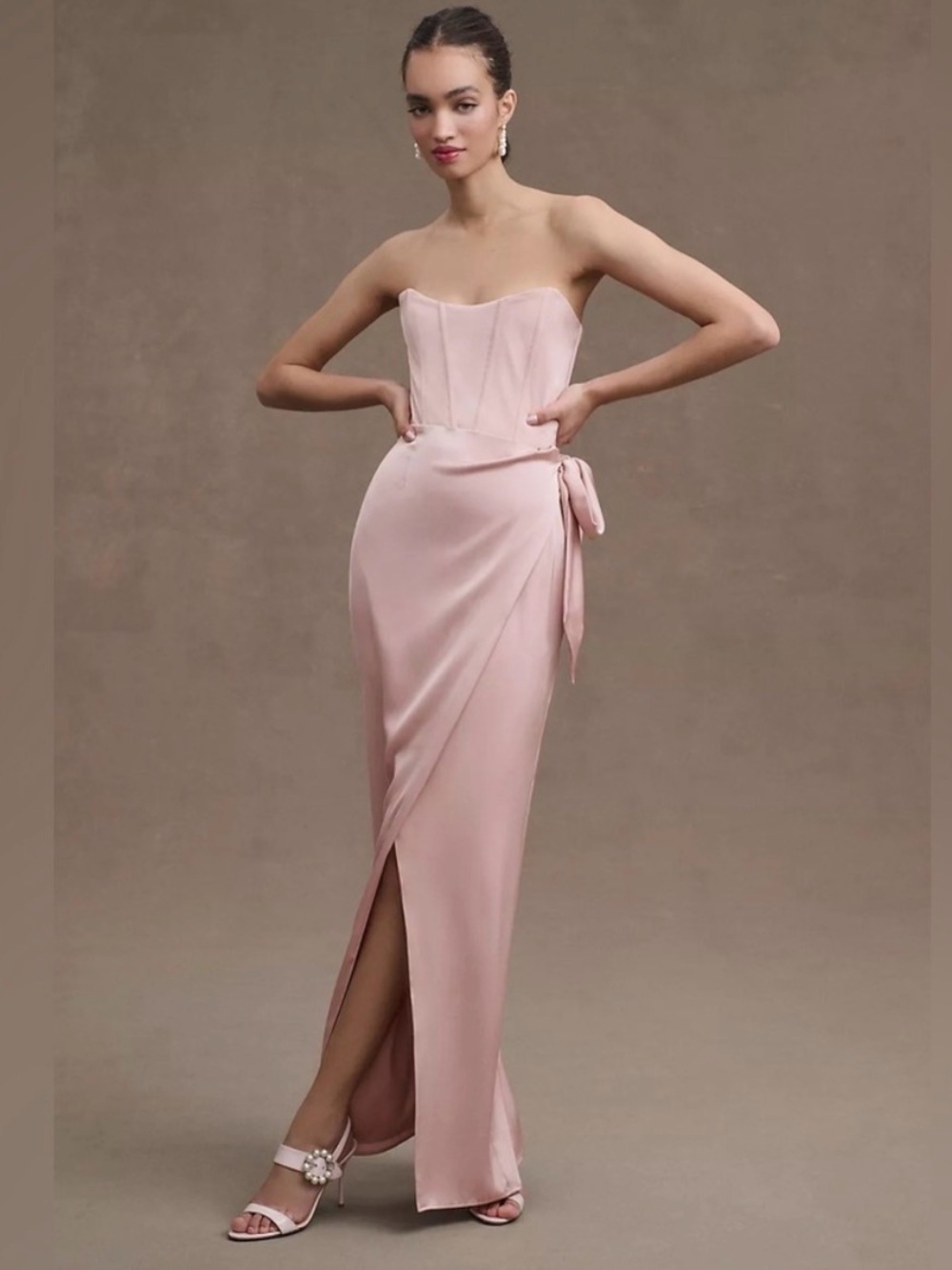 V. Chapman Strapless Blush Pink Satin Corset Gown with Side Tie
